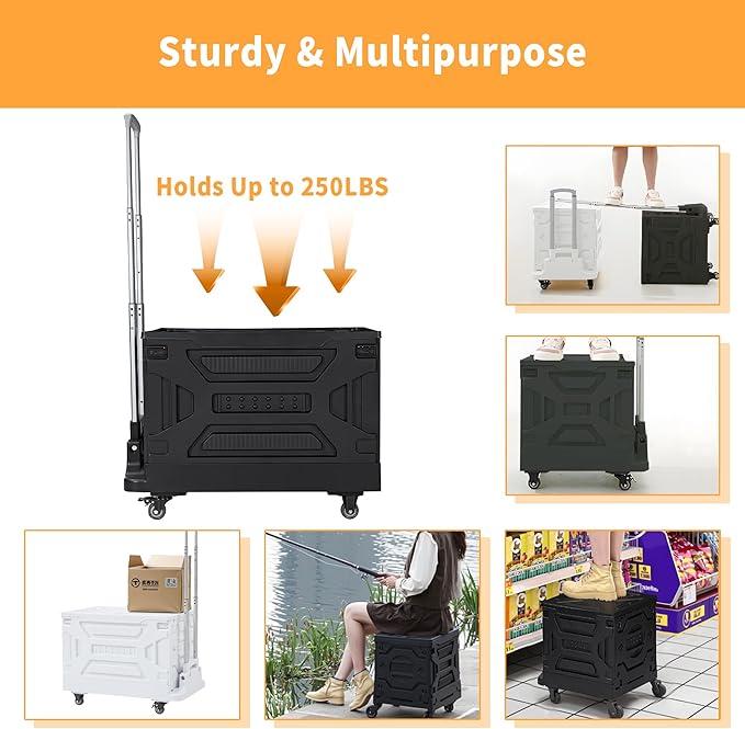 VECELO 23 GAL Large Capacity Foldable Utility Cart with Wheels - Heavy Duty Collapsible Rolling Cart for Shopping, Travel, Office & Home - Portable Luggage Cart with Telescoping Handle, Black