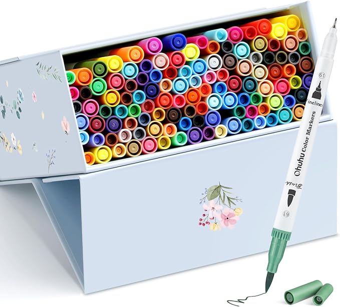 Ohuhu Markers for Adult Coloring Books No Bleeding 120 Colors Coloring Markers Water-based Dual Tips Fineliner & Brush Drawing Pens Art Pens for Kids Adults Sketch Journal - Maui - White