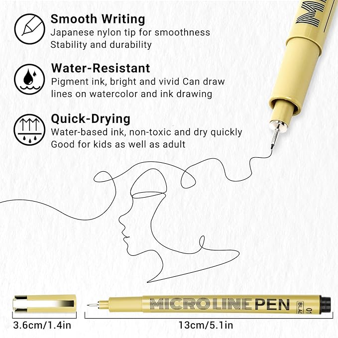 KERIFI Fineliner Ink Pens, Black Micro Fine Point Drawing Pens Waterproof Archival Ink Multiliner Pens for Artist Illustration, Sketching, Technical Drawing, Zentangle, Scrapbooking (6 Assorted Nib)