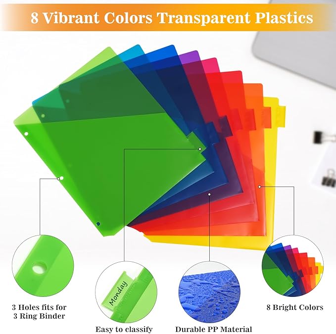 8-Tab Dividers for 3 Ring Binder, 48 Count Binder Dividers with Pockets, Subject Dividers, 3-Hole Plastics Sheets Protectors for US Letter Size in 0.5", 1",2" Binders, Vibrant 8 Color, 6 Packs