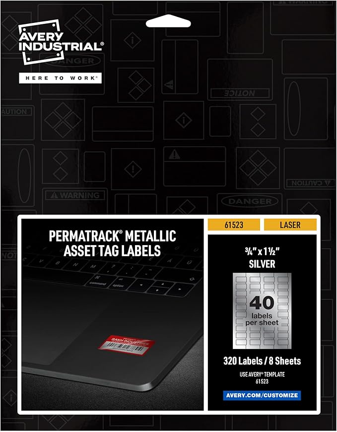 Avery Metallic Asset Tag Labels, 3/4 x 1-1/2", Laser Printable Tags, 320 Waterproof Labels (61523)