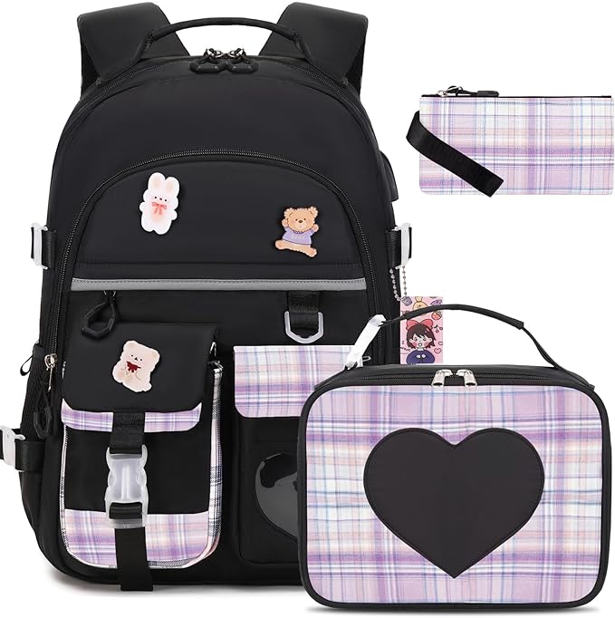 Backpack for Girls - Bookbag Backpacks Schoolbag for Girls Kids Teen Women Casual Travel Daypacks - School Bag Elementary Middle School College Cute Backpack with Lunch Box (Black Purple)