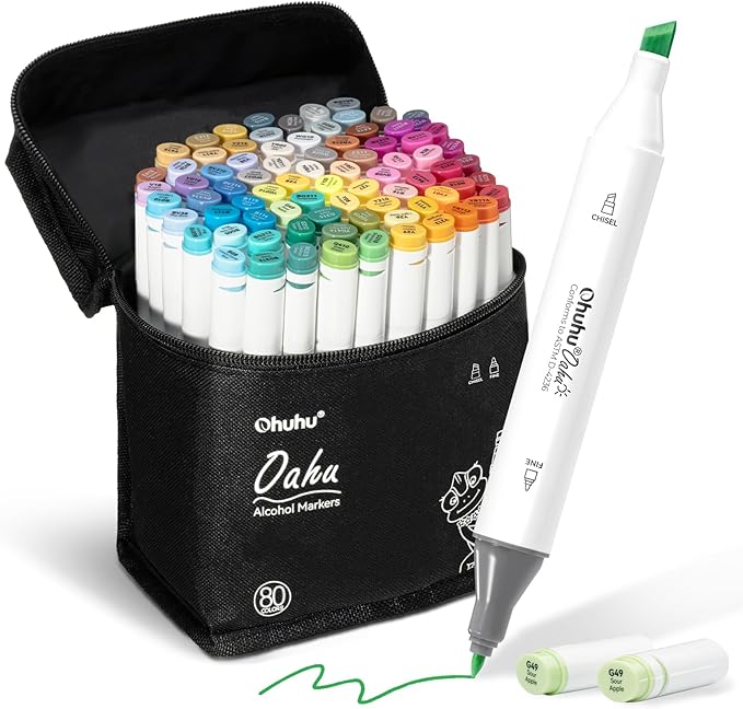 Ohuhu Alcohol Markers - AP Certificated 80-color Dual Tips Art Marker Set for Artist Designer Adults Coloring Illustration, Chisel and Fine Dual Tips, Oahu of Ohuhu Markers, Refillable