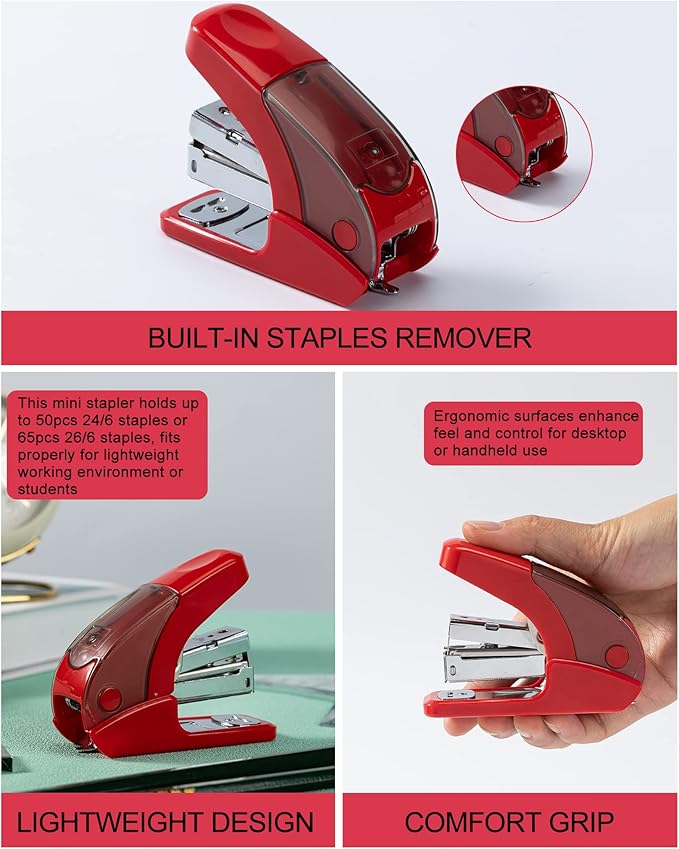 PAPERPAL Effortless Mini Stapler Set, 20 Sheet Capacity, Integrated Remover & Staple Storage, Holds 1/4" Staples, Includes 1000 Staples, Lightweight, Office, School & Daily Use, Red