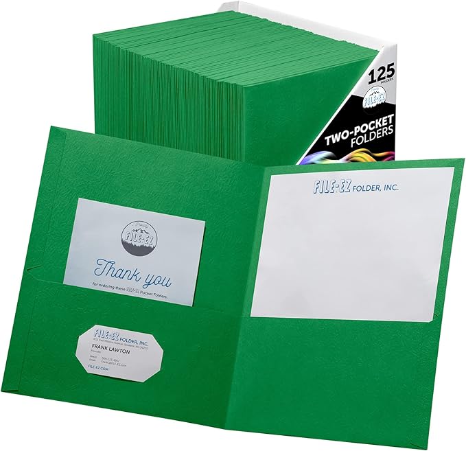 FILE-EZ Two-Pocket Folders, Green, 125-Pack, Textured Paper, Letter Size (EZ-32460)