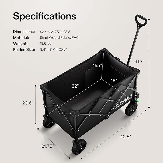 VIVOSUN Collapsible Folding Wagon, 350 lb Load-Bearing Outdoor Utility Cart with Silent Universal Wheels, Cup Holders &Side Pockets, Adjustable Handle, for Camping, Garden, Sports, Picnic, Shopping