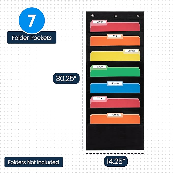 Essex Wares - 7 Pocket File Pocket Chart, Black, Tall - Versatile Wall Hanging File Folder Organizer for Classroom, Office, Home, and More - Wall Folder Organizer - 7 Pockets