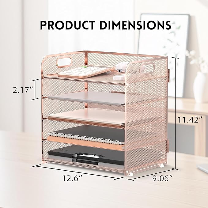 Supeasy 5 Trays Paper Organizer Letter Tray with Handle-Mesh Desk File Organizer, Paper Sorter Desk Organizer for Office, Home or School (Rose Gold)