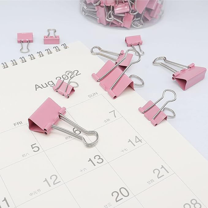 Binder Clip Paper Clamps, Assorted Sizes (Mini, Small, Medium, Large), 100 Pcs Clips for Office School Supplies (Pink)