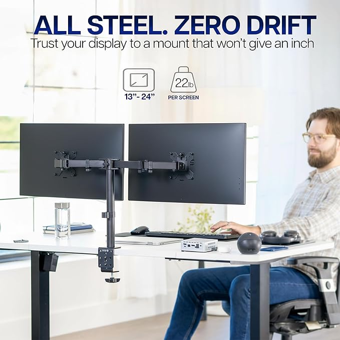 VIVO Dual Monitor Desk Mount, Heavy Duty Fully Adjustable Steel Stand, Holds 2 Computer Screens up to 24 inches and Max 22lbs Each, Black, STAND-V024