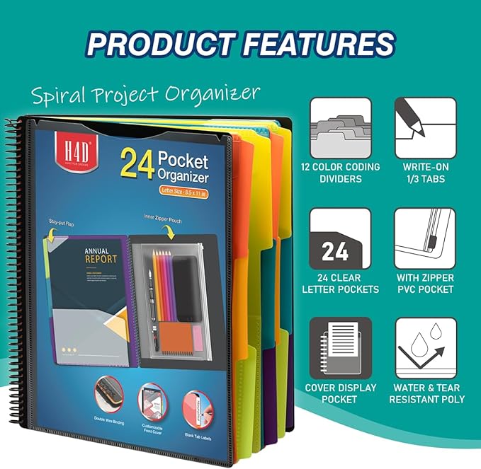 H4D 24 Pocket Poly Project Organizer, Spiral Multi Pocket Folder Organizer, Multi-Subject Folder Notebook, Letter Size