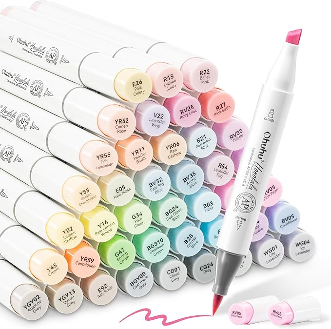 Ohuhu Pastel Alcohol Brush Markers- 48 Colors of Honolulu Sweetness - AP Certificated -Alcohol Based Double Tipped Art Marker Set for Artist Adults Coloring Illustration- Brush & Chisel - Refillable