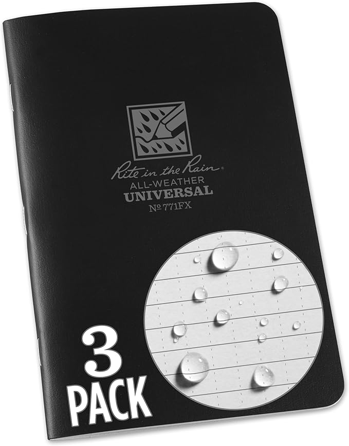 Rite In The Rain Weatherproof Stapled Notebook, 4.625" x 7", Black Cover, Universal Pattern, 3 Pack (No. 771FX)