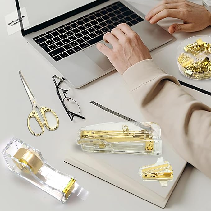 Gold Office Supplies,UPIHO Gold Desk Accessories,Stapler and Tape Dispenser Set with Large Stapler,Tape Dispenser, Staple Remover, Staples, Clips,Scissor,Pen and Sticky Notes,Gifts for Office Clerks