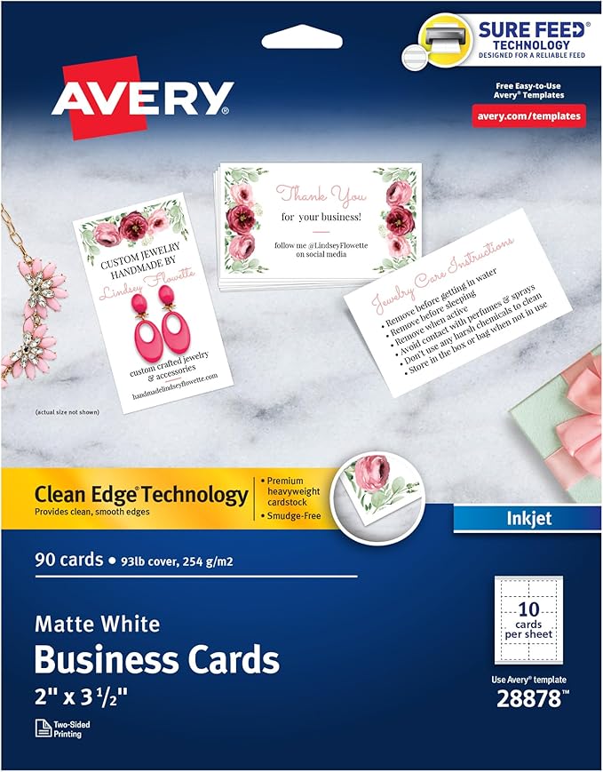 Avery Clean Edge Printable Business Cards with Sure Feed Technology, 2" x 3.5", White, 90 Blank Cards for Inkjet Printers (28878)