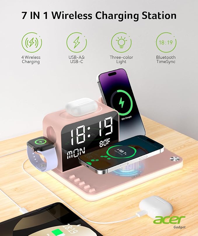 Acer 7-in-1 Wireless Charging Station with LED Clock - 30W Fast Wireless Charger for iPhone 16/15/14/13/12/Pro Max, Apple Watch, AirPods - Bluetooth Auto Time Sync & Night Lights (Pink)