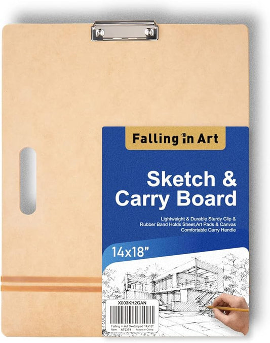 Falling in Art 14x18 Sketch Board, Drawing Tote Board for Artists with Sturdy Clip and Rubber Bands, Portable Art Clipboard for Classroom and Studio Drawing