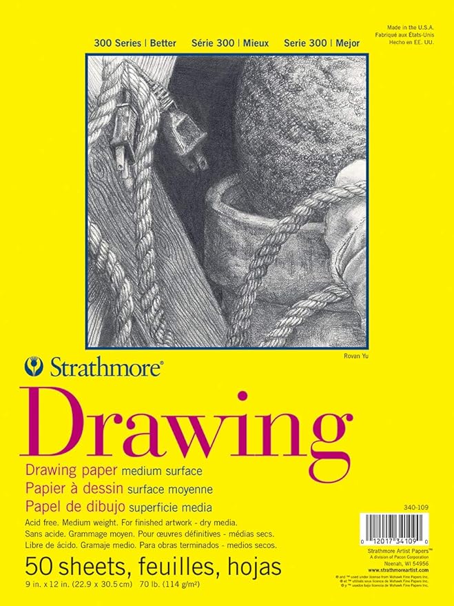 Strathmore 300 Series Drawing Paper Pad, Glue Bound, 9x12 inches, 50 Sheets (70lb/114g) - Artist Paper for Adults and Students - Charcoal, Colored Pencil, Ink, Pastel, Marker