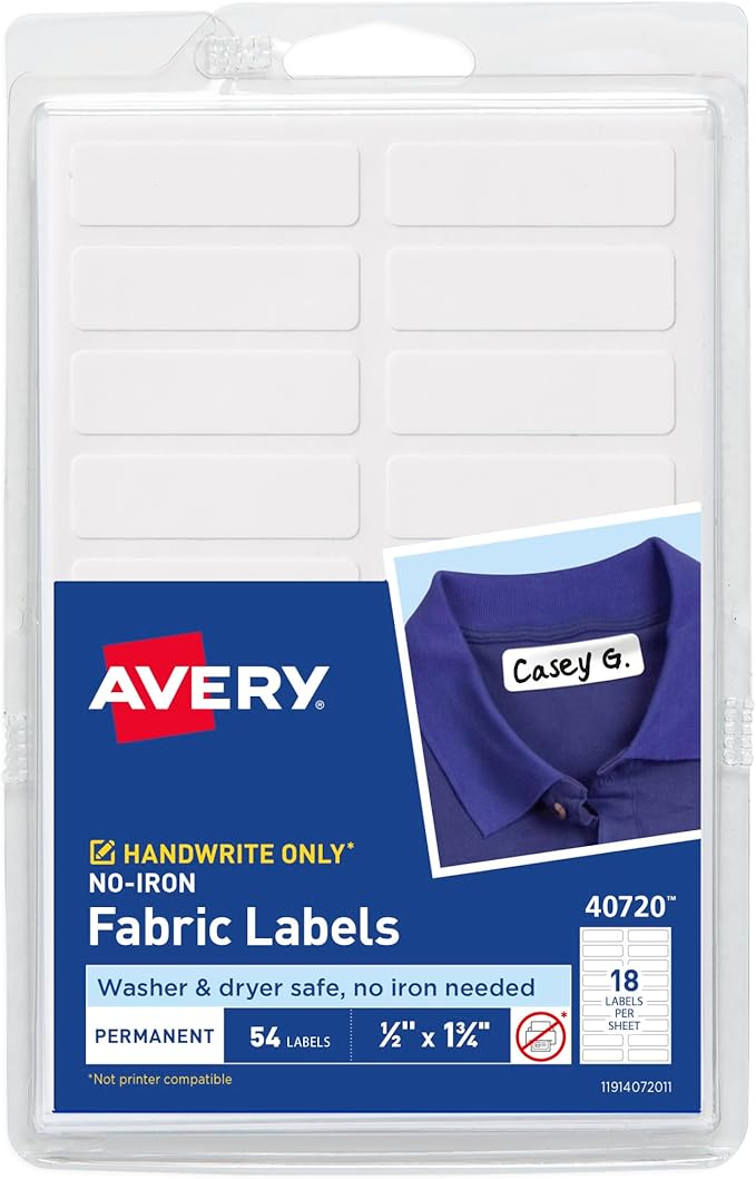 Avery No-Iron Fabric Labels, 1/2" x 1-3/4", Washer and Dryer-Safe Waterproof Labels, Non-Printable, 54 Total (40720)