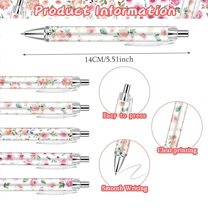 10 PCS Pink Floral Pens Flower Ballpoint Pens 0.5 mm Rollerball Tip Cute Fashionable Retractable Ballpoint Pen for Office Supplies Black Ink, Medium Point (Pink Flower, 10)