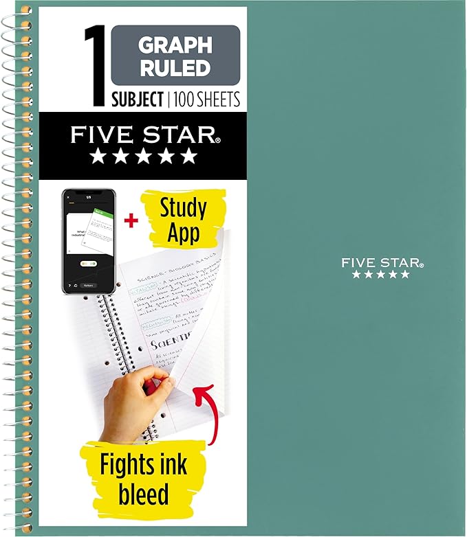 Five Star Spiral Notebook + Study App, 1 Subject, Graph Ruled Paper, 8-1/2" x 11", 100 Sheets, Fights Ink Bleed, Water Resistant Cover, Seaglass Green (620000CH1)