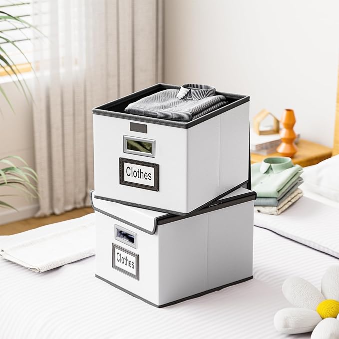 Huolewa Portable Leather File Organizer Boxes with Lids, Office Document Boxes Organizer, Filing Boxes, Decorative Small File Boxes for Hanging Files, File Cabinet for Office/Home - 4 Pack