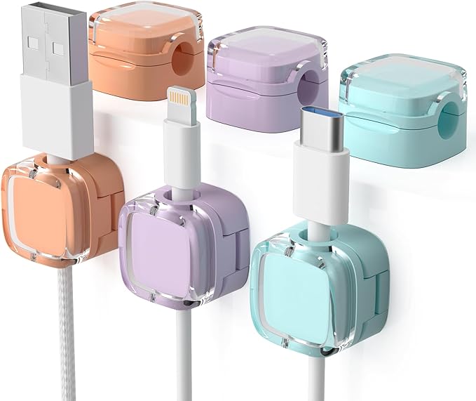 6 Pack Magnetic Cord Organizer & Cable Clips - Adjustable Under Desk Cable Management, Adhesive Wire Holder for Home, Office, Phone, Car, Wall, and Nightstand (Color Mixed)