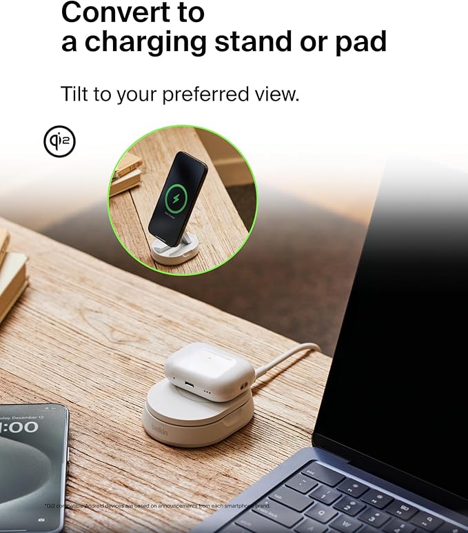 Belkin Convertible Magnetic Charging Stand 15W - MagSafe-Compatible Fast Qi2 Charger, iPhone Charger for Apple iPhone 16, 16 Plus, 16 Pro, 16 Pro Max, iPhone 15 & 14, Apple Airpods Pro, & More - White