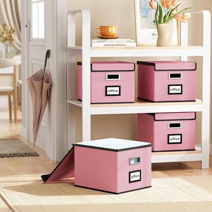 Huolewa Collapsible File Storage Organizer Boxes with Lids, Linen Document Storage, Universal Hanging Filing Organization Boxes for Letter/Legal, Decorative Office/Home File Bins - Boxes Only(2 Pack)