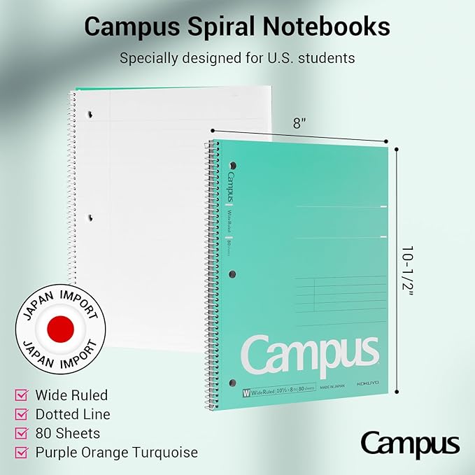 KOKUYO Spiral Notebook, 3 Pack Campus 10-1/2" x 8" Subject Notebooks with Wide Ruled, 80 Sheets, Purple Orange Turquoise 3 Holes School Spiral Journal for Work Study Note Taking (WSG-SU-400G3×3)