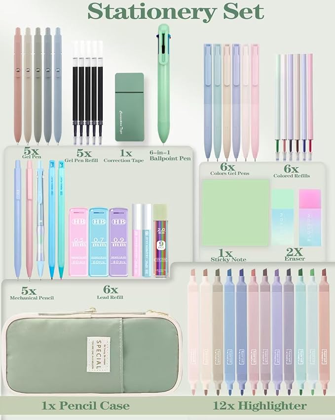54PCS Aesthetic School Supplies with Large Pencil Case,12 Pastel Highlighters,5 Black & 6 Color Ink Gel Pens, 6-in-1 Ballpoint Pen,5 Mechanical Pencils 0.5-2.0mm Student Essentials (Green)