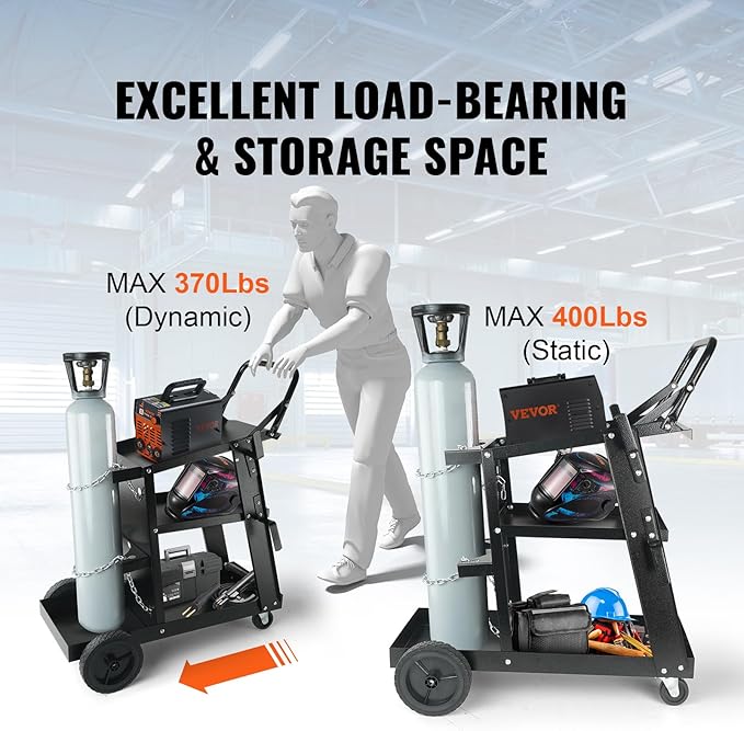 VEVOR Welding Cart, 3-Tier Welder Cart Heavy Duty with 400 Lbs Weight Capacity, 360° Swivel Wheels, Tank Storage Safety Chains, Rolling MIG Welder Cart for TIG, ARC, MMA, Plasma Cutter Welding Machine