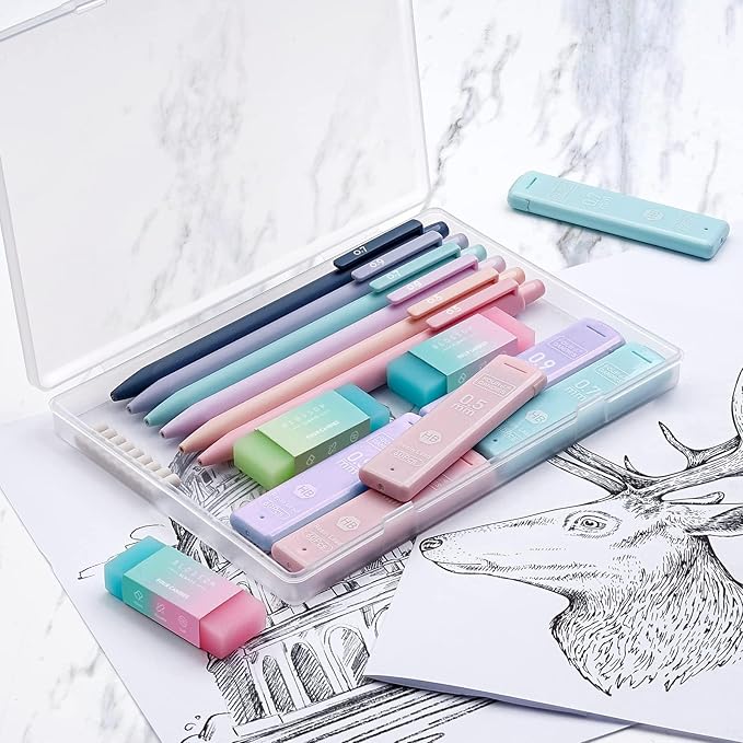 Four Candies Cute Mechanical Pencil Set, 6PCS Pastel Mechanical Pencils 0.5 mm & 0.7mm & 0.9mm with 360PCS Leads, 3PCS Erasers and 9PCS Eraser Refills, Aesthetic Pencils for Girls Writing, Art Drawing