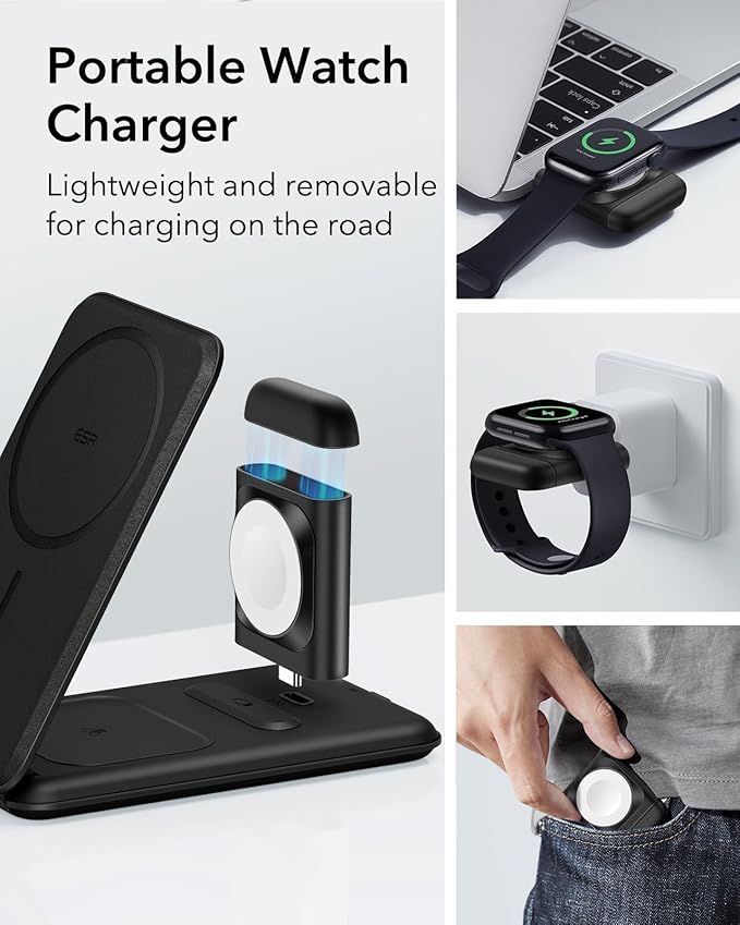 ESR for 3 in 1 Magsafe Charger, Travel Charger Stand Made for Apple Watch Certified, Foldable Charging Station Compatible with Magsafe and iPhone 17/16/15/14/13/12, AirPods 4/3/Pro, Black