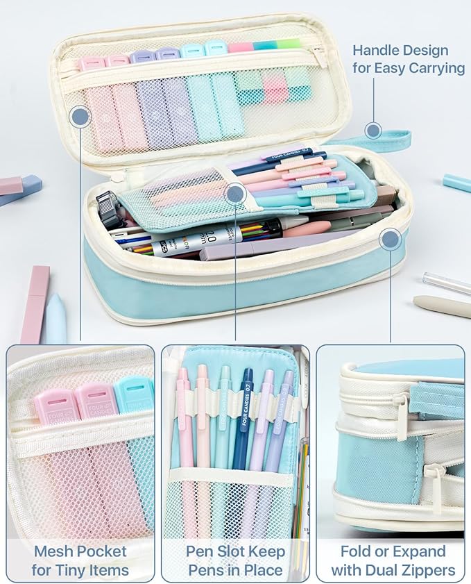 Four Candies 56 PCS Aesthetic School Supplies with Cute Pencil Case, 6 Multicolor Pen, 12 Pastel Highlighters, 5 Gel Pens Black Ink, 9 Mechanical Pencils for Student Stationary Set Preppy Stuff (Blue)