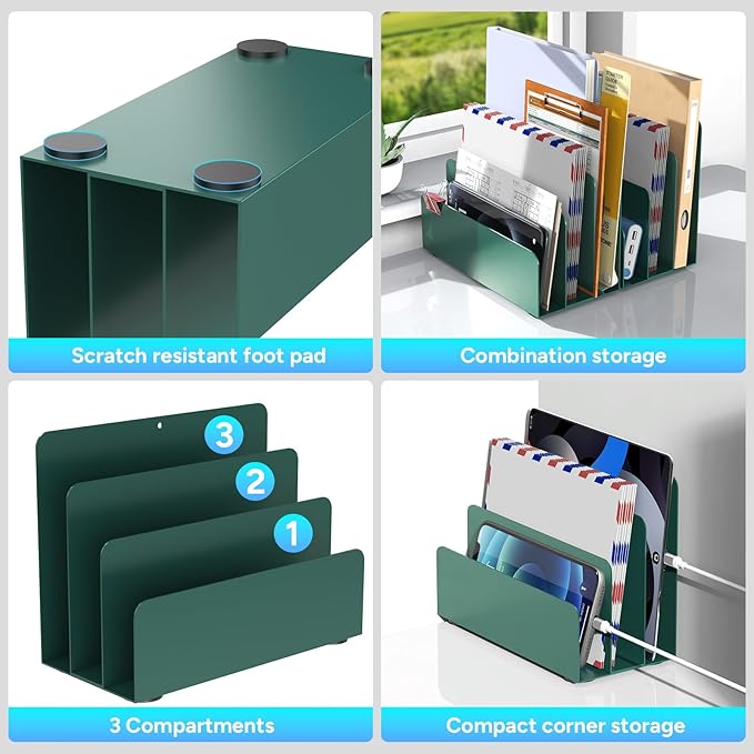 Mail Organizer Countertop, Small Desk File Organizer, Metal File Holder - Essential Workspace Organizers for Office Desk, Home Office (Green)