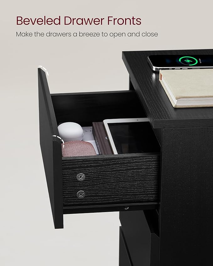 VASAGLE Nightstand with Charging Station, 2 AC Outlets and 2 USB Ports, Bedside Table, Side Table with 3 Drawers, Modern Style, 13.8 x 15.7 x 23.2 Inches, Ebony Black ULET631B58