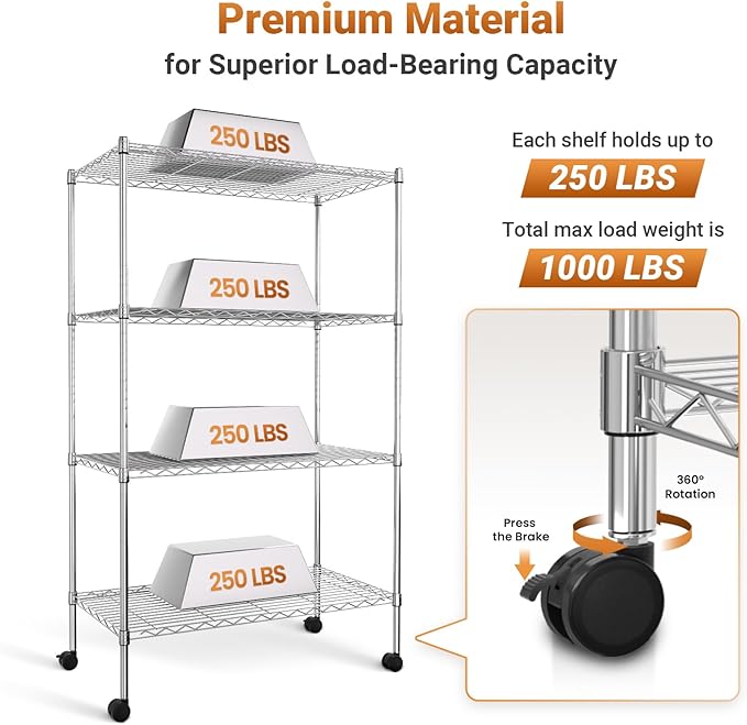 Simple Deluxe Heavy Duty 4-Tier Shelving with Wheels, 35.43" W x 17.72" D x 61.02" H Adjustable Steel Organizer Wire Rack, 1400 Lbs Loading Capacity, Chrome