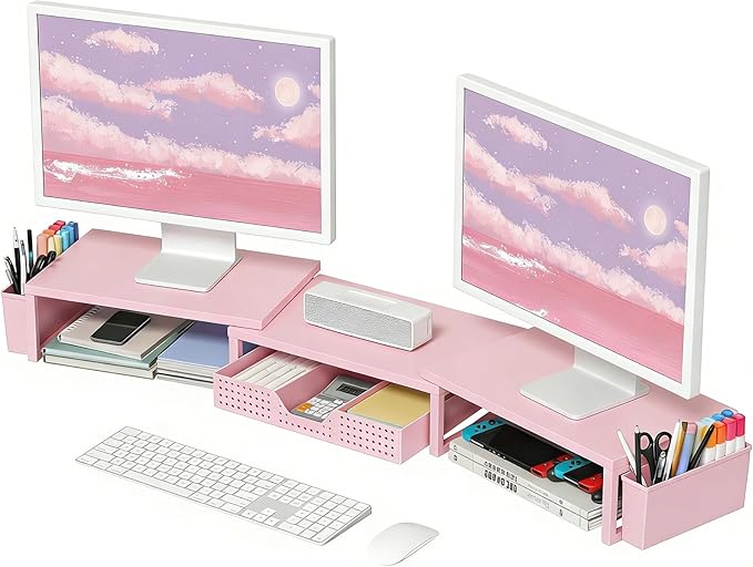 OPNICE Wood Desk Organizers and Accessories, Dual Monitor Stand Riser with Drawer and 2 Pen Holders, Desk Shelf Computer Racks for Office Workspace Organizers, Desktop Organization (Pink)