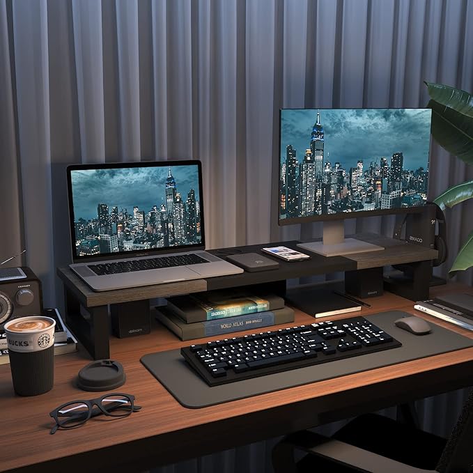 WESTREE Dual Monitor Stand Riser, Wood and Steel Monitor Stand Riser, Computer Monitor Stand for 2 Monitors, Multi-Purpose Desktop Storage Stand for Computer,Laptop,Printer,TV