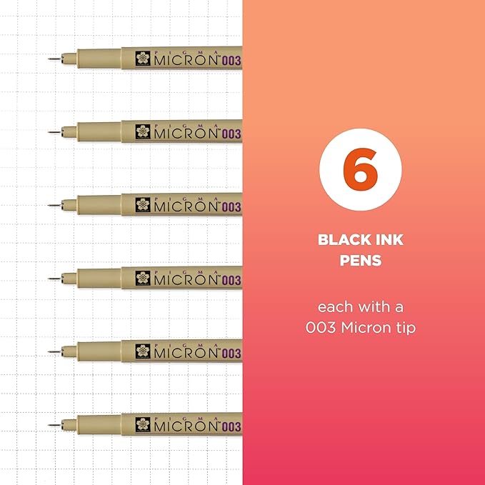 SAKURA Pigma Micron Fineliner Pens, 003 Tip Size, Archival Black Ink, 6PK 50033