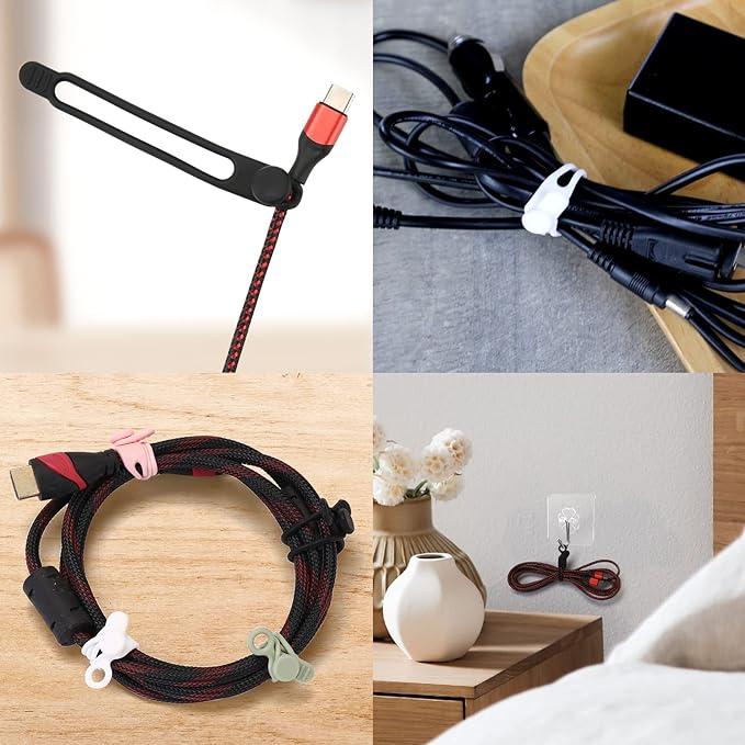 [12Park]UMUST Silicone Cable Ties, Reusable Cable Management Organizer, Cord Tie,Multipurpose Elastic Cord Organizer for Bundling and Fastening Cable Cords Wires(black,white,pink,green)