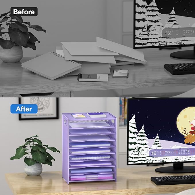 OUTWOLF 10 Tier Paper Organizer - Letter Tray Mesh Desk File Organizer with Handles for Office School Desktop, Purple