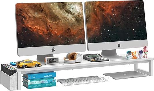 LAND·VOI Dual Monitor Stand Riser,41.5'' Long Monitor Stand for 2 Monitors, Wood and Steel Computer Monitor Stand, Desktop Oraganizer with Pen Holder, Monitor Riser for Desk Computer,Laptop,TV, White