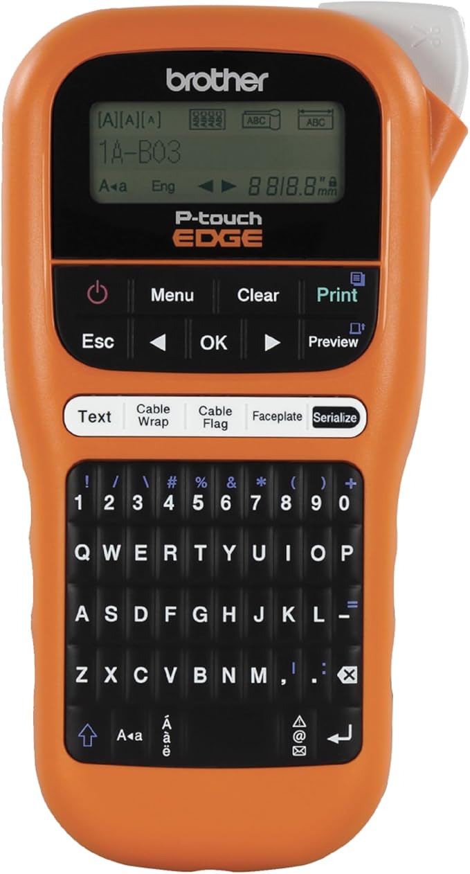 Brother PTE110 Entry Level Industrial Handheld Labeling Tool Kit - Up to 12mm Labels, Orange