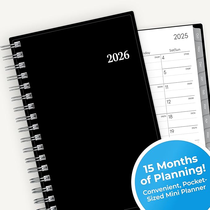 Blue Sky 2026 15-Month Weekly and Monthly Mini Planner Calendar, Includes October 2025 - December 2026, 3.625" x 6.125", Flexible Cover, Wirebound, Laminated Tabs, Enterprise