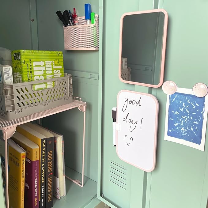 Pink Locker Accessories with Locker Shelf, Magnetic Mirror, Magnetic Pen Holder, Magnetic Small Whiteboard, Back to School Essentials Locker Decorations, 7 Piece Locker Organizer for Work
