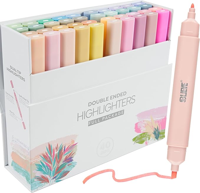 BLIEVE- Aesthetic Bible Highlighters No Bleed Through Assorted Colors, Cute Highlighter Dual Tip For Journaling Supplies And School Accessories, Bible Highlighters And Pens No Bleed (40 PACK)