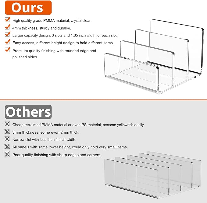Richboom Acrylic File Sorter, 8.5"x6.3"x6.2", Upright File Organizer for Desk, Mail Organizer Countertop, File Holder for Letter, Document, Notebook, Clear, 3 Sections