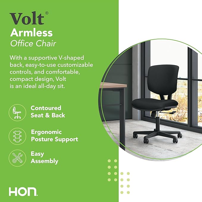HON Volt Armless Office Chairs with Wheels, Ergonomic Adjustable Center-Tilt Recline, Fabric Back and Seat, Swivel Desk Chair, Black